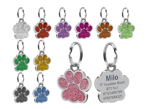 Engraved Dog Tag Glitter Personalised Pet Name ID Charm Dog Paw Print Collar Kitten Neck Sparkly Customised Metal Canine