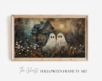 May include: A framed painting of two white ghosts standing in front of a dark, spooky house with glowing windows. The house is surrounded by a field of white and yellow flowers. The painting has a vintage, whimsical feel and is perfect for Halloween decor.