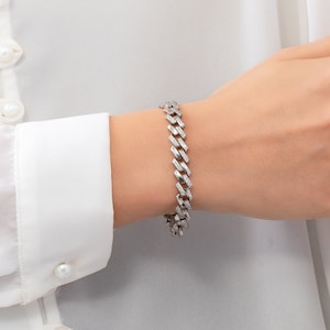 Cuban Link Bracelet, Curb Chain Bracelet, Diamond CZ Miami Chain Bracelet, Pave Iced Out Cuban Link, Gift for Her, Mens Silver Bracelet