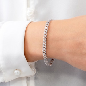 Bransoletka z ogniw kubańskich, Bransoletka z łańcuszkiem krawężnikowym, Bransoletka z łańcuszkiem diamentowym CZ Miami, Pave Iced Out Cuban Link, Prezent dla niej, Męska srebrna bransoletka