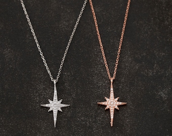 Naszyjnik z Gwiazdą Północną, Naszyjnik z Wisiorkiem Starburst, Naszyjnik Celestial Starlight, Minimalistyczny Naszyjnik z Gwiazdą, Prezent dla Niej, Naszyjnik z Zawieszką CZ