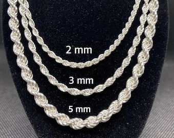925 Sterling Silber Seil Kette, Seil Armband, Seil Halskette, Geschenk für Ihn&Sie, 7,5 8,5 18 20 22 24 Zoll, 2 mm, 3 mm, 5 mm, Schmuckkette