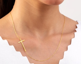 Sideways Cross Necklace, Silver Necklace for Women, Dainty Cross Necklace, Cristian Cross Jewelry, Baptism Necklace, Religious Gold Jewelry