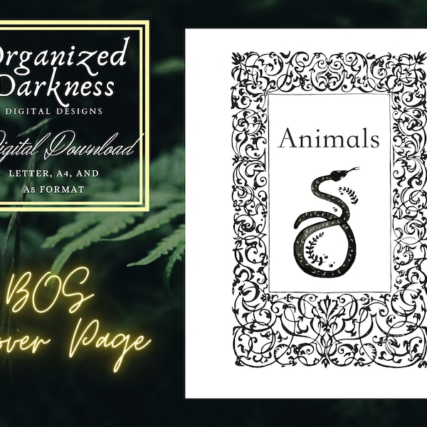 Animals BOS Cover Page, Book of Shadows, Grimoire, A5 inserts, Half A4, Letter,  PDF