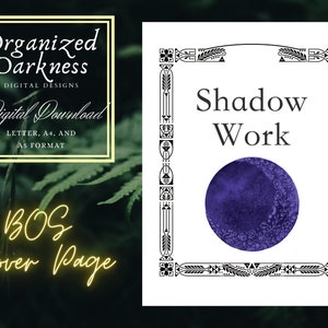 May include: A printable cover page for a shadow work journal or notebook. The cover features a decorative black and white frame with a purple watercolour moon in the centre. The text "Shadow Work" is printed in black at the top of the page.