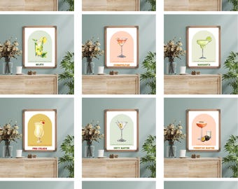 Set of 12 Cocktail Prints, Classic Cocktail Wall Art, Bar Cart Prints, Minimalist Alcohol Prints, Minimalist Wall Art, Trendy Prints