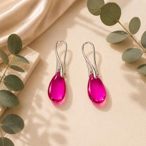 Vibrant Hot Pink Glass Teardrop Earrings with  925 Sterling Silver hooks birthday gift
