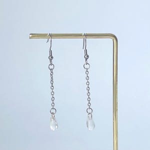 Clear Teardrop Glass Dangle Earrings long dangle 925 Silver Chain hook Minimalist Bridal Jewelry