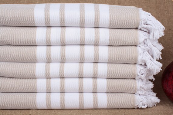 Telo Hammam In Puro Cotone 170x270 Cm, Beige E Bianco, Leggero E Assorbente Per Sauna, Spiaggia, Yoga E Viaggio