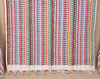 Handmade Turkish Cotton Beach Towel: Yellow-Red Pom Pom Fouta (36x67 Inches)