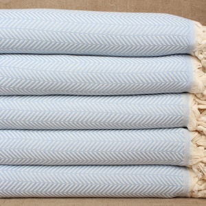 Op de afbeelding: Een stapel van vijf lichtblauwe dekens met een wit herringbone patroon en witte franjes.