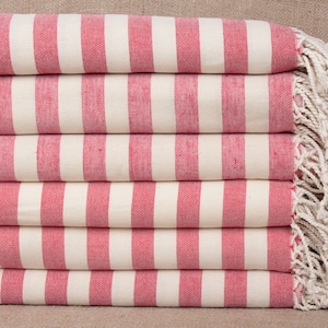 Organic Towel, Turkish Beach Towel, Red-Cream Peshtemal, Striped Peshtemal, 38x67 Inches Turkish Towel Wholesale, Fouta Peshtemal,