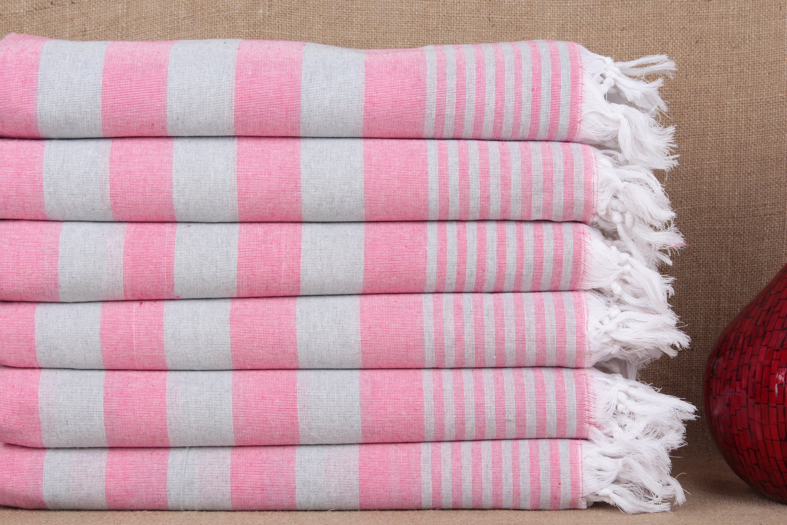 Pink and grey striped towels new arrivals