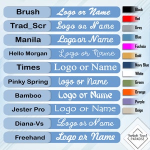 May include: A chart with a list of different font names, such as Brush, Trad_Scr, Manila, Hello Morgan, Times, Pinky Spring, Bamboo, Jester Pro, Diana-Vs, and Freehand. The font names are displayed in a column on the left side of the chart. On the right side of the chart, the same font names are displayed in a column, but they are written in the corresponding font style. The chart also includes a color palette with different colors, such as black, red, grey, blue, fuchsia, gold, navy blue, white, green, orange, purple, and beige.