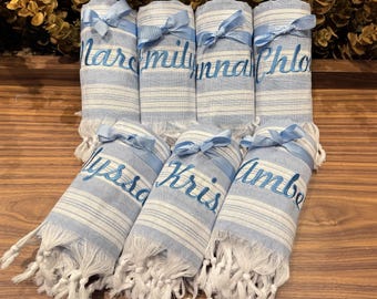 Toalla turca personalizada: regalo de dama de honor de algodón orgánico, peshtemal bordado personalizado para bodas, viajes, spa o inauguración de la casa.