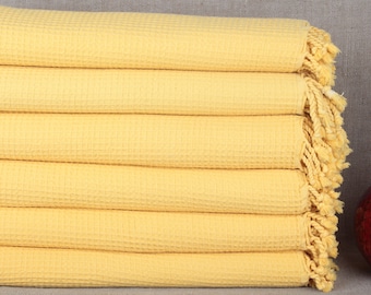 Turkish Throw Blanket, Picnic Blanket, Waffle Throw, 67x91 Inches Wedding Gift Blanket, Couch Throw, Yellow Bedspread, Designer Bedspread,