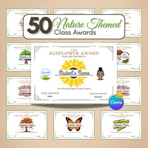 May include: A collection of 50 nature-themed class awards. Each certificate features a unique design, including a sunflower, butterfly, and maple tree. The awards are designed for students and include space for the student's name, date, and teacher's name.
