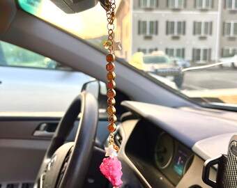 Pink Druzy Agate Car Charm | Pearl Stars, Happiness Affirmation