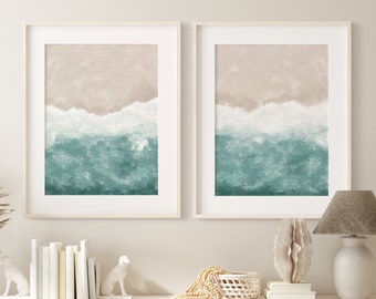 Abstract Ocean Printable wall art Set of 2, Beach print download, Minimalist coastal wall decor, Aerial Ocean Waves Print, Seascape art