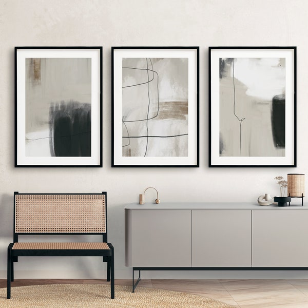 Moderne neutrale abstrakte druckbare Wandkunst 3er-Set, abstrakte Drucke in Schwarz und Beige, minimalistische neutrale Galeriewand, Japandi-Wanddekoration