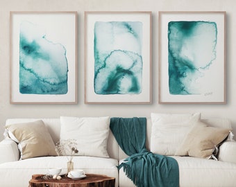 Colorful Printable wall art set of 3, Abstract Bright Turquoise wall art 3 piece gallery wall, Blue art prints, Watercolor ombre art