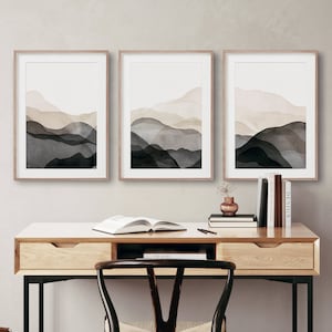 Black Beige Abstract Mountain printable art prints set of 3, Minimalist Gallery wall set, 3 piece downloadable wall art, Neutral wall art
