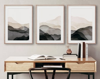 Black Beige Abstract Mountain printable art prints set of 3, Minimalist Gallery wall set, 3 piece downloadable wall art, Neutral wall art