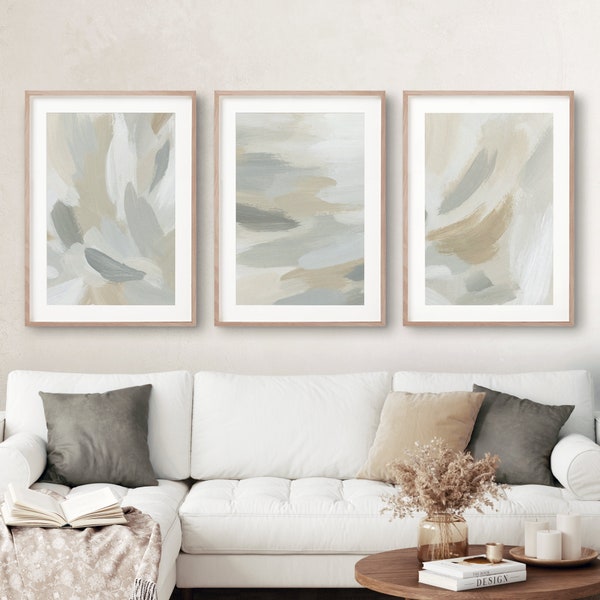 Printable Minimalist Neutral wall art set of 3, Abstract art gallery wall set, Downloadable art prints, 3 piece Scandinavian wall art