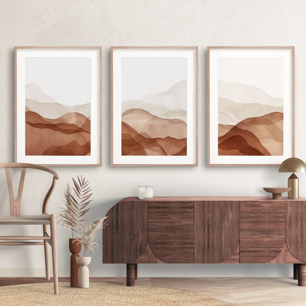 Art mural imprimable en terre cuite, Aquarelle Paysage abstrait estampes ensemble de 3, Mur de galerie neutre, Art mural Boho, Art mural extra grand