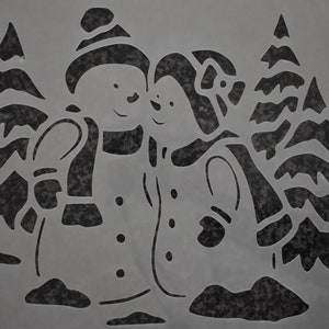 A4 approx Christmas scene stencil snowman & snow women in snow strong reusable .190 Mylar windows canvas mirrors cars baking easy to use