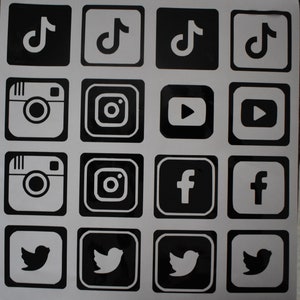 May include: A set of 16 black and white social media icons. The icons include TikTok, Instagram, YouTube, Facebook, and Twitter.