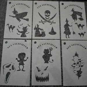 FACE Body PAINTING STENCILS glitter tattoo henna airbrush x 6 Halloween themed ghost devil witch cats hat skull plus free chain link.