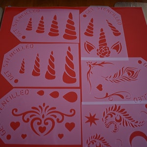 Face body painting henna tattoo glitter stencils pack of 6 forehead patterns unicorns horn 2 types mixed sizes + free chain link fastener
