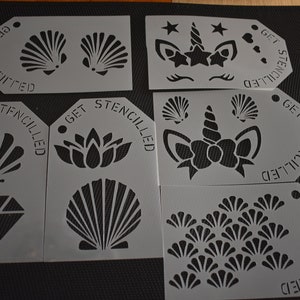 Face Body Painting Stencils Henna Tattoo Glitter pack of 6 Shells Diamond Unicorn Horn bow & Star design