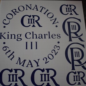 King Charles III Coronation logos and date vinyl decal quality 3 part stickers 30cm sq multiple colours windows cars doors perspex displays