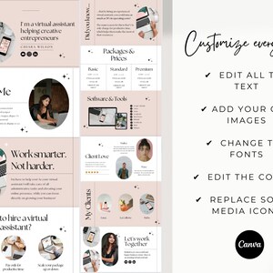 Puede incluir: Una plantilla Canva rosa y blanca para un negocio de asistente virtual. La plantilla incluye texto que dice "Soy una asistente virtual que ayuda a emprendedores creativos", "Acerca de m&iacute;", "Trabaja m&aacute;s inteligentemente. No m&aacute;s duro.", "&iquest;Por qu&eacute; contratar un asistente virtual?", "Paquetes y precios", "Software y herramientas", "Amor al cliente", "Mis clientes", y "Trabajemos juntos". La plantilla tambi&eacute;n incluye im&aacute;genes de una computadora port&aacute;til, una mujer y una estrella.