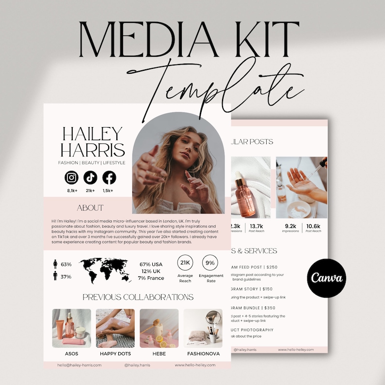 2 Page Influencer Media Kit Template Canva | Instagram and Tiktok ...