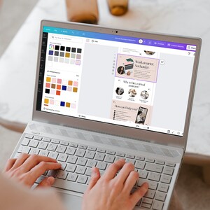 Puede incluir: Una pantalla de computadora port&aacute;til que muestra un sitio web para un servicio de asistente virtual. El sitio web presenta un esquema de color rosa y morado e incluye el texto "Trabaja m&aacute;s inteligente, no m&aacute;s duro." y "&iquest;Por qu&eacute; contratar un asistente virtual?"