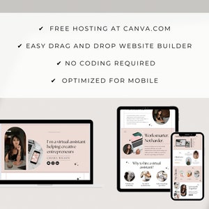 Puede incluir: Un port&aacute;til y un tel&eacute;fono inteligente que muestran un sitio web con un esquema de color rosa y blanco. El sitio web presenta una foto de una mujer y el texto "Soy una asistente virtual que ayuda a los emprendedores creativos". El sitio web tambi&eacute;n incluye el texto "Trabaja m&aacute;s inteligentemente. No m&aacute;s duro." y "&iquest;Por qu&eacute; contratar a una asistente virtual?"