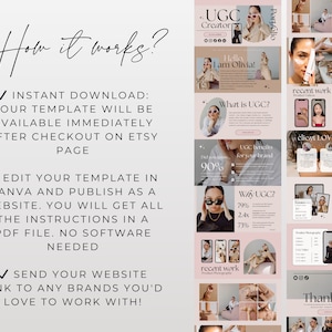 May include: A pink and white website template for a UGC creator. The template includes sections for the creator's portfolio, services, and packages and prices. The text "How it works?" is at the top of the image. The text "Instant Download: Your template will be available immediately after checkout on Etsy page" is in the left column. The text "Edit your template in Canva and publish as a website. You will get all the instructions in a PDF file. No software needed" is in the left column. The text "Send your website link to any brands you'd love to work with!" is in the left column. The text "UGC Creator" is at the top of the website template. The text "Hello I am Olivia!" is in the website template. The text "What is UGC?" is in the website template. The text "recent work" is in the website template. The text "client LOVE" is in the website template. The text "Services" is in the website template. The text "Packages & Prices" is in the website template. The text "Thank You" is in the website template.