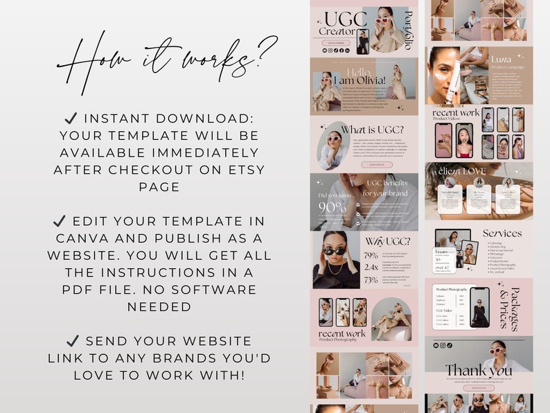 May include: A pink and white website template for a UGC creator. The template includes sections for the creator's portfolio, services, and packages and prices. The text "How it works?" is at the top of the image. The text "Instant Download: Your template will be available immediately after checkout on Etsy page" is in the left column. The text "Edit your template in Canva and publish as a website. You will get all the instructions in a PDF file. No software needed" is in the left column. The text "Send your website link to any brands you'd love to work with!" is in the left column. The text "UGC Creator" is at the top of the website template. The text "Hello I am Olivia!" is in the website template. The text "What is UGC?" is in the website template. The text "recent work" is in the website template. The text "client LOVE" is in the website template. The text "Services" is in the website template. The text "Packages & Prices" is in the website template. The text "Thank You" is in the website template.