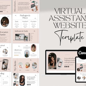 Puede incluir: Una plantilla de Canva para un sitio web de asistente virtual. La plantilla presenta un esquema de color rosa y blanco con un dise&ntilde;o moderno. El texto "Plantilla de sitio web de asistente virtual" se muestra en negrita, en negro. La plantilla incluye secciones para "Acerca de m&iacute;", "Paquetes y precios", "Software y herramientas", "&iquest;Por qu&eacute; contratar un asistente virtual?", "&iquest;C&oacute;mo puedo ayudarte?", "Mis clientes" y "Mi proceso de incorporaci&oacute;n".