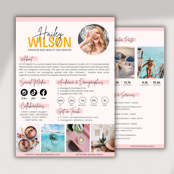 2 Page Influencer Media Kit Template Canva | Instagram and TikTok Influencers | Media Kit & Rate Card - Beauty and Fashion | Blog Press Kit
