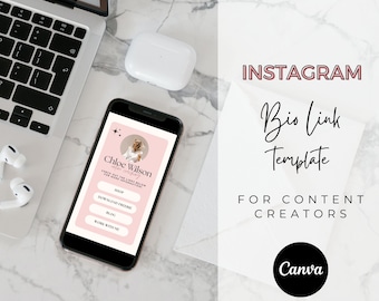 May include: A pink and white mobile phone screen displaying a bio link template for Instagram. The template features a photo of a woman, the text "Chloe Wilson", and buttons for "Shop", "Download Freebie", "Blog", and "Work With Me". The text "INSTAGRAM Bio Link Template FOR CONTENT CREATORS Canva" is displayed on a white background.