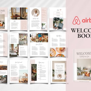 May include: A welcome book for Airbnb guests with 12 pages. The cover features a photo of a living room with a large orange armchair, a coffee table, and a potted plant. The text on the cover reads "Welcome to [City Name]" and "12 Pages".