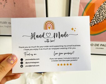Boho Handmade with Love Card Editable Template | Printable Thank You For Your Purchase Canva Insert Note | Small Business Package Card
