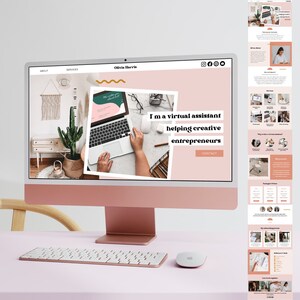 Pode incluir: Um computador de secretária rosa com um site exibido na tela. O site é para um assistente virtual que ajuda empreendedores criativos. O site tem um fundo rosa com uma linha ondulada dourada e o texto "Sou um assistente virtual que ajuda empreendedores criativos".