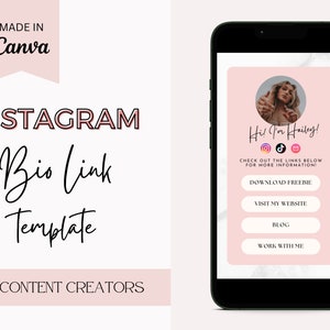 May include: A pink and white mobile phone screen displaying a social media bio link template. The template features a photo of a woman, the text "Hi! I'm Hailey!" and links to social media accounts, a freebie, website, blog, and work with me.