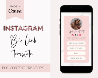 May include: A pink and white mobile phone screen displaying a social media bio link template. The template features a photo of a woman, the text "Hi! I'm Hailey!" and links to social media accounts, a freebie, website, blog, and work with me.