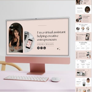 May include: A computer screen displaying a website for a virtual assistant who helps creative entrepreneurs. The website features a photo of the virtual assistant, her name, and social media icons. The text on the screen reads "I'm a virtual assistant helping creative entrepreneurs, CHIARA WILSON".
